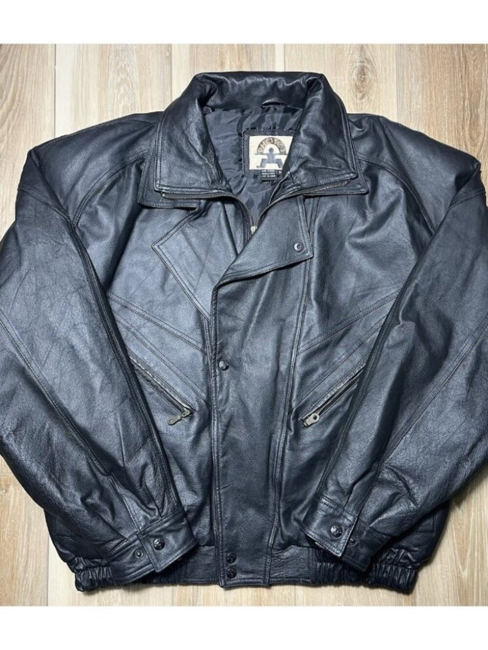 Vintage Phase 2 Full Zip Snap Black Bomber Leather Jacket - Men Size XL
